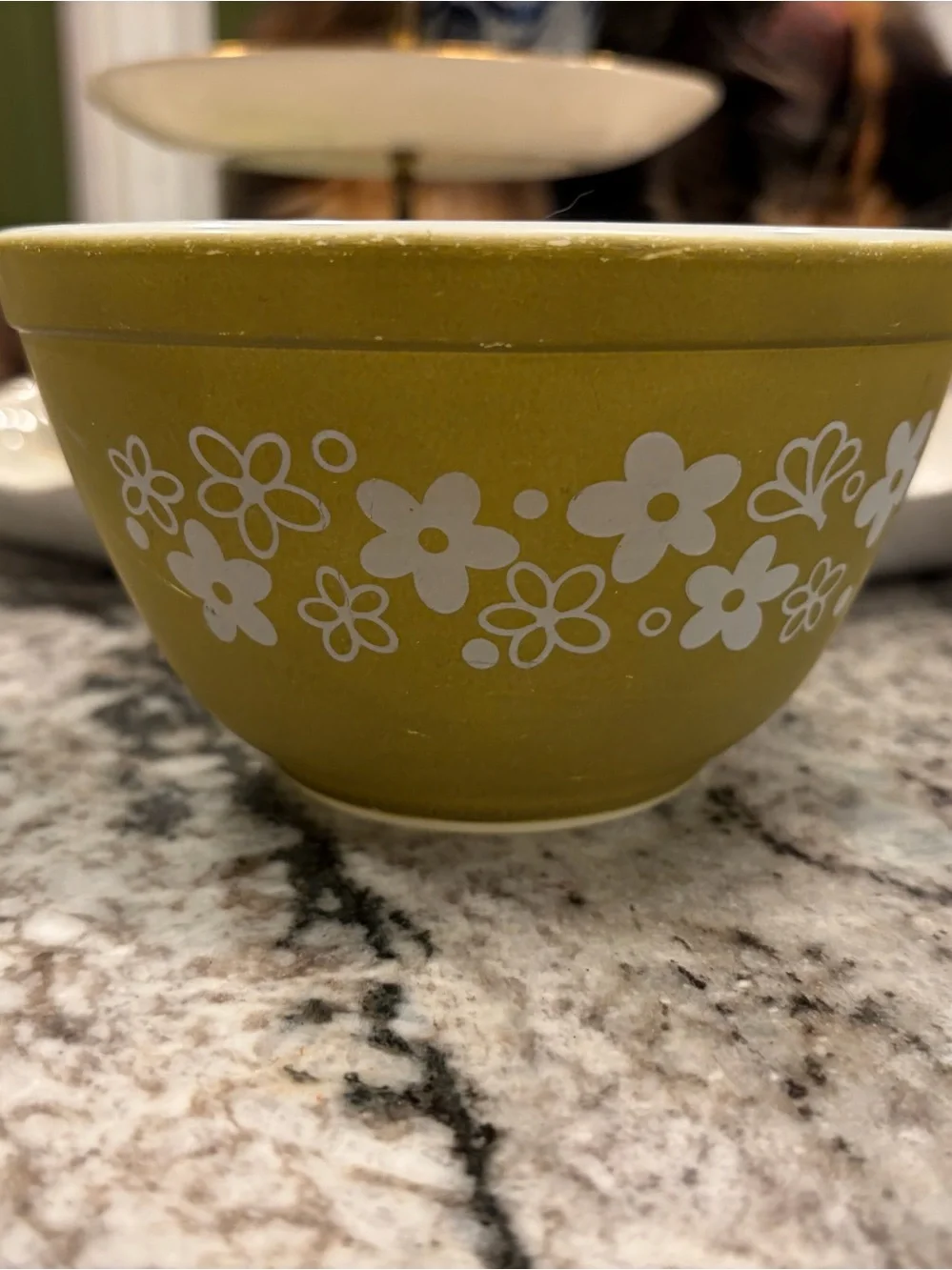 Vintage Pyrex Olive Green Floral Ceramic Bowl